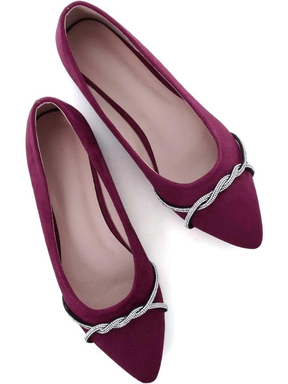 Women's F Wine Red Chain Ballet Flats Fashion Pointed Toe Slip On Dress Shoes